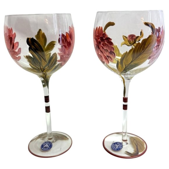 2 BLOCK Basics Hand Painted Floral Balloon Wine Goblets Glass Mum Chrysanthemum - Picture 4 of 8